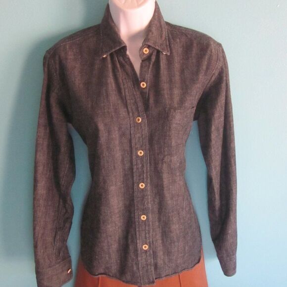 Brooklyn Tailors Womens Size L Custom Made Dark Blue Denim Fitted Shirt 42" Bust - Picture 9 of 12
